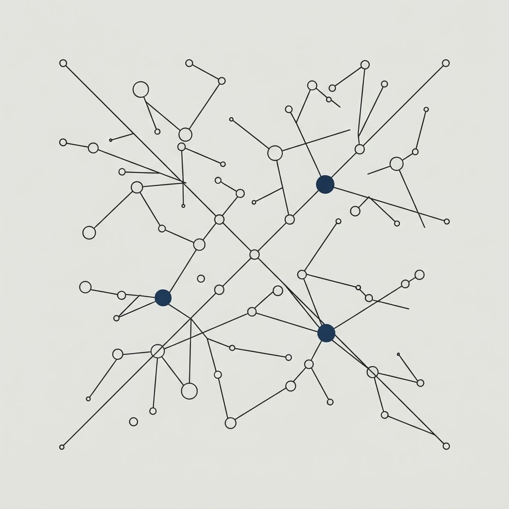Diagram of thin connected nodes representing shopper identifiers shared across merchants, with two nodes highlighted in navy to mark accounts held for review